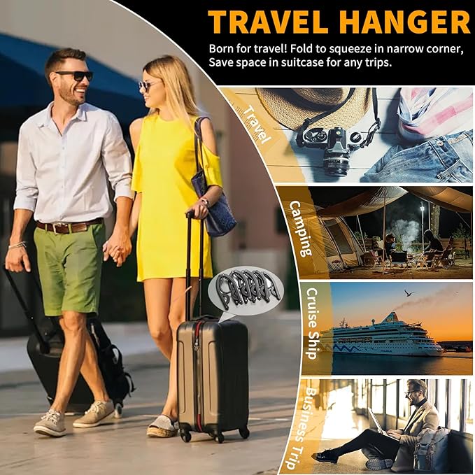 24 Pcs Black Travel Hangers Foldable for Suitcase, Portable Folding Clothes Hangers with Clothesline Travel Accessories, Cruise Ship Essentials Portable Foldable Hangers Drying Rack