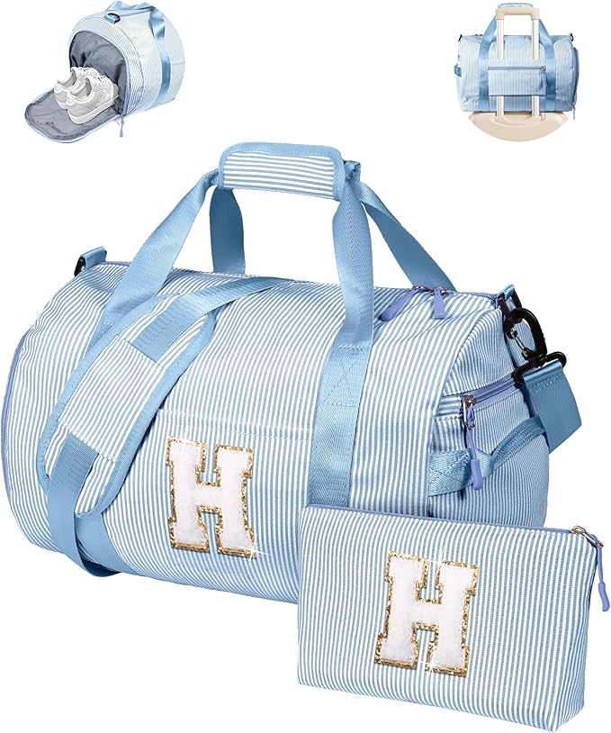 Girly Cute Stuff, Girls Travel Duffle Bag, Kids Initial Overnight Bags with Shoe Compartment, Customized Weekender Bag with Makeup Pouch, 11 Year Old Girl Birthday Gifts (Letter H)