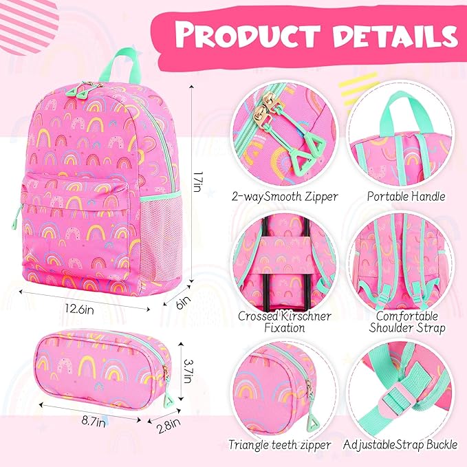 Redbaker 17 Inch 6 Pcs Kids Luggage Set Kids Rolling Luggage Double Pattern Suitcase for Boys Girls (Dusty Pink, Rainbow Style)