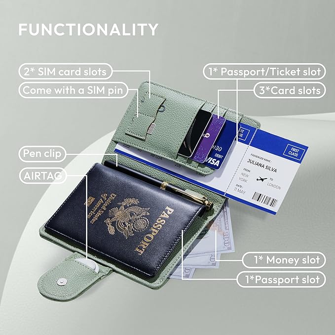 Passport Holder for Travel RFID Passport Holder with Airtag Compact Leather Passport Cover Case with Card Holders SIM Slots Passport Wallet for Women Men Airport Essentials Gift