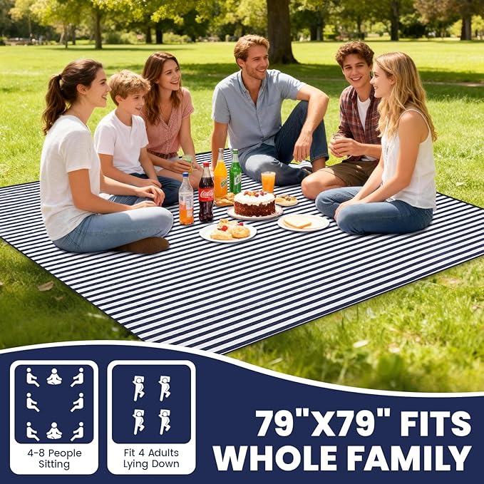 G GOOD GAIN Waterproof Picnic Blanket, 79"x79" Extra Large Beach Mat for 6 to 8 Adults, Machine Washable Outdoor Blanket for Camping, Grass, Park, Camping, Concerts, MiddleNavy