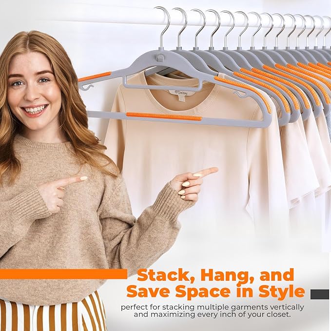Plastic Hangers 50 Pack, Cascading Slim Space Saving Clothing Hangers with 360° Rotating Hook, Non Slip Clothes Hangers for Sweater Shirt, Heavy Duty Coat Hanger with Inner Hook for Closet, Grey