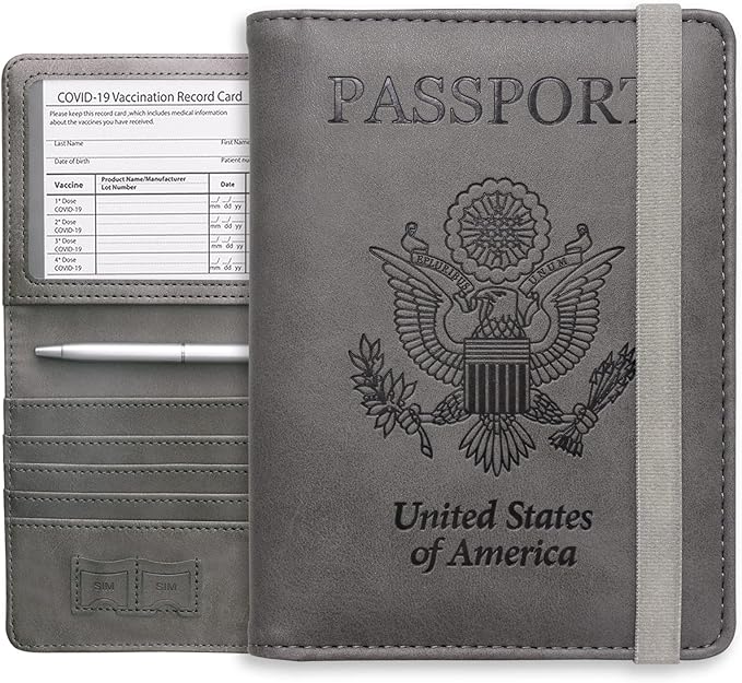 WALNEW Passport Holder Wallet, RFID Blocking Passport Cover Case PU leather Card Holder with Pen and Clear Card Slot for Women Men, Gray