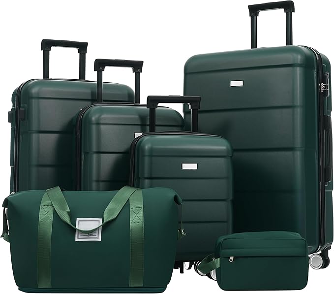 Dark Green 6 Piece Luggage Set Hard Shell - Traveling Suitcases with Spinner Wheels and Duffel Bags for Family Travel, Durable Carry On Luggage Sets with Lock for Women and Men