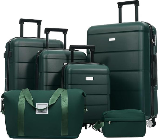 Dark Green 6 Piece Luggage Set Hard Shell - Traveling Suitcases with Spinner Wheels and Duffel Bags for Family Travel, Durable Carry On Luggage Sets with Lock for Women and Men