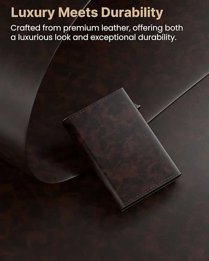 typecase Mens Wallet Card Holder: Pop Up Aluminum Case, Genuine Leather, Smart, RFID Blocking, Slim, Minimalist, Front Pocket - 9-14 Card Capacity | ID Window | Cash Slot (Antique Brown)