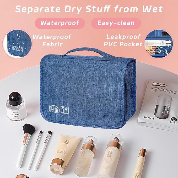 Toiletry Bag Travel Bag with Hanging Hook, Waterproof Capacity Hanging Multifunctional Makeup Bag for Toiletries, Portable Cosmetic Bag Travel Organizer for Women and Men(Navy Blue)
