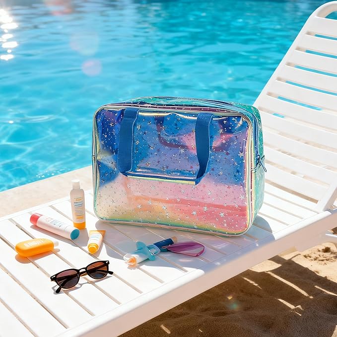 Holographic Blue Clear Star Large Cosmetic Bag and TPU Travel Pouch with Handle,Durable Material,Zipper Design-Ideal for Makeup,Travel Essentials (Holographic Blue+Star)
