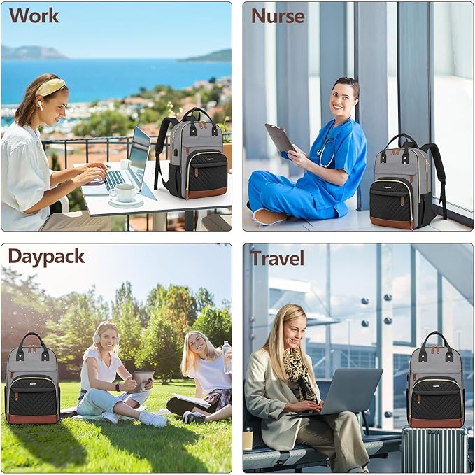 Laptop Backpack for Women Work Bag - Fits 17.3 Inch Laptop Bag Travel Work Backpack Anti-theft Bags with USB Charging Business Computer Waterproof Backpack Purse for Nurse Teacher Black Grey Brown