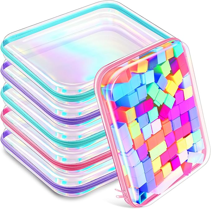 Sanwuta 6 Pcs Clear Hard Zipper Case Plastic Zipper Pouches Transparent Makeup Bag Pencil Case Pouches Toiletry Diaper Bag for Travel Toy Storage Organizer Bins(Holographic,13.78 x 11.81 x 2 Inch)