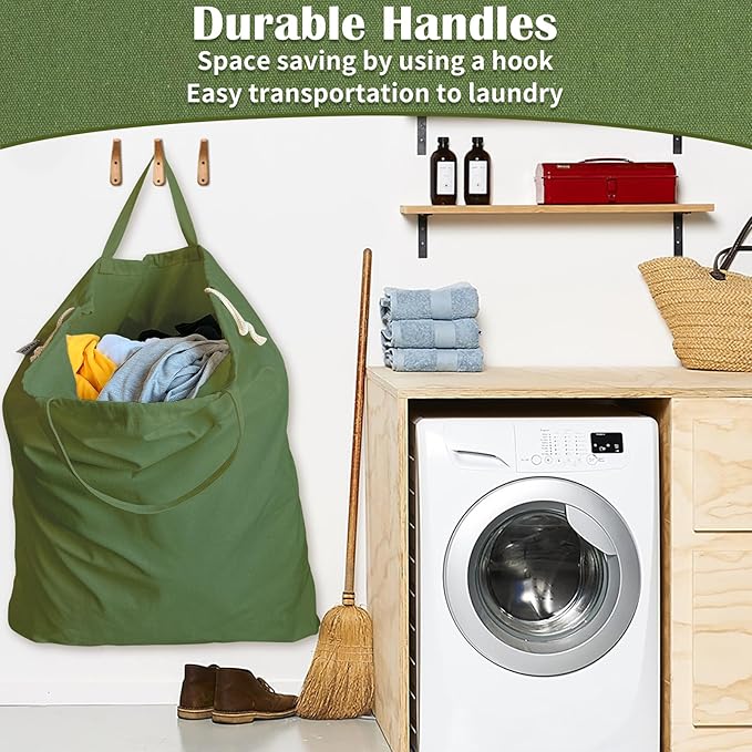 Canvas Laundry Bag 40"W x 35"H, Thick Canvas Laundry Bag with Handles & Drawstring, Extra Large Heavy Duty Washable Storage Sack (XXL,ArmyGreen)