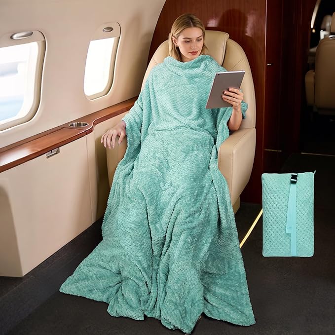 Tirrinia Travel Blanket and Pillow Set, Soft Compact Airplane Blanket with Foot Pockets, 4-in-1 Travel Essentials for Women Men, Portable Travel Gifts for Her, Travel Blanket for Airplanes, Cars