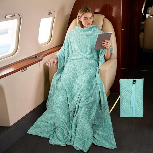 Tirrinia Travel Blanket and Pillow Set, Soft Compact Airplane Blanket with Foot Pockets, 4-in-1 Travel Essentials for Women Men, Portable Travel Gifts for Her, Travel Blanket for Airplanes, Cars