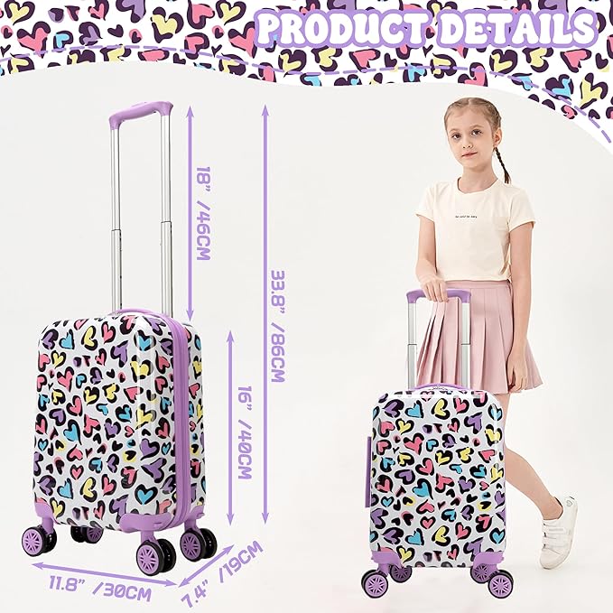 Kid's Luggage Set 2 Piece Suitcase Set Hardside Luggage with Spinner Wheels Girls Carry on Toddler Travel Rolling Suitcase with Neck Pillow Airline Approved