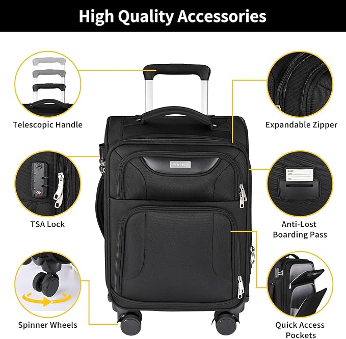 3-Piece Softside Expandable Luggage Set with Front Open Pocket, Lightweight and Durable Oxford Fabric Suitcase Set with TSA Lock (Black, 20in/24in/28in)