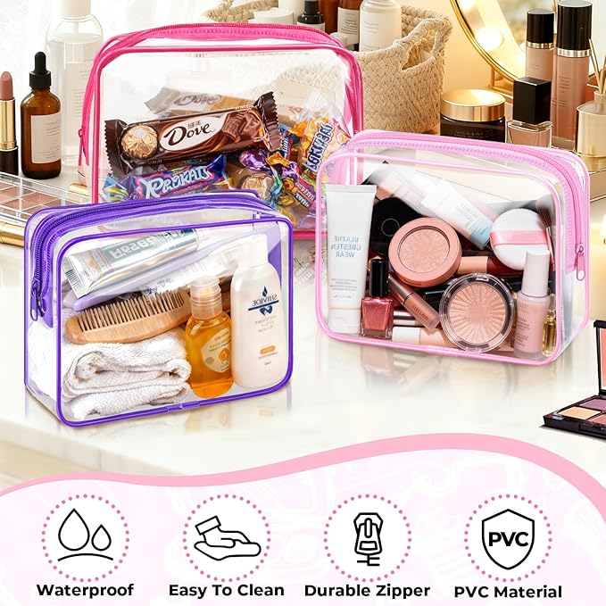 6 Pieces Clear Makeup Bags Bulk TSA Approved Toiletry Bag for Travel PVC Waterproof Clear Cosmetic Pouch with Zipper for Men and Women Carry-on Travel Essentials (Pink)