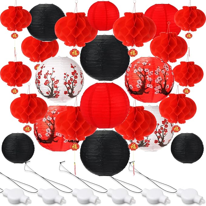 30 Pcs Chinese Japanese Paper Lanterns with LED Light, 2026 Chinese Lunar New Year Decoration Cherry Blossom Red Hanging Lanterns for Spring Festival Home Decor(Multi Size,Red, White, Black)