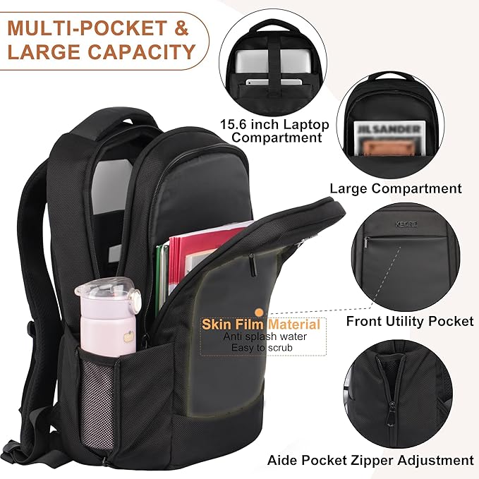 KEOFID Work Laptop Backpack for Men and Women, Mens Work Backpacks Fit 15.6 Inch Computer, Carry On Business Travel Back pack with USB Charging Port, Water Resistant(Black)
