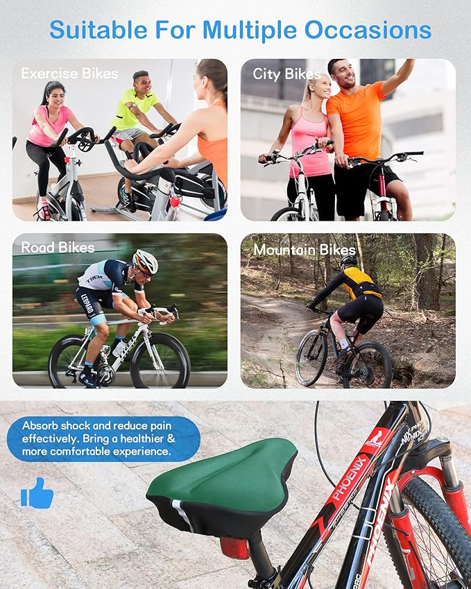 CUNCUI Gel Bike Seat Cover, Bicycle Seat Covers, Adjustable Bike Seats Cushion for Women Men Comfort Compatible, Suitable for Outdoor and Indoor (11x10 inch)-Green