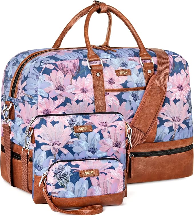 Weekender Bag for Women, Large Overnight Bag Canvas Travel Duffel Bag Carry On Tote with Shoe Compartment 21" 3Pcs Set