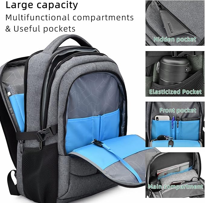 DUSLANG 17 Inch Travel Laptop Backpack Water Resistant College Backpack for Men Laptop Bag with USB Charging Port,Light Grey
