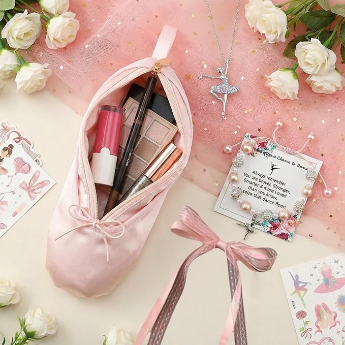 Ballet Slipper Pouch Makeup Bag Dance Recital Gifts for Girls Dancer Ballerina Accessories Gifts Set Necklace Bracelet Sticker