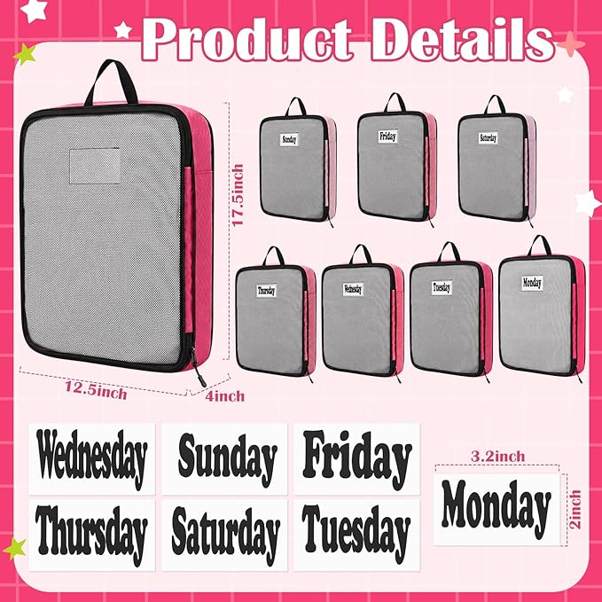 7 Pcs Packing Cubes for Travel Large Days of Week Compression Packing Cube with Labels Luggage Organizers Storage Bag(Pink)