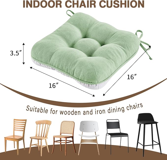 BETU Chair Cushions for Dining Chairs Set of 2,3.5" Thick Kitchen Table Chair Pads with Ties,Non Slip Backing and Covers, Home Decor Seat Cushion for Dining Room,Bar,Patio Chairs16"X16"X3.5"Sage Green
