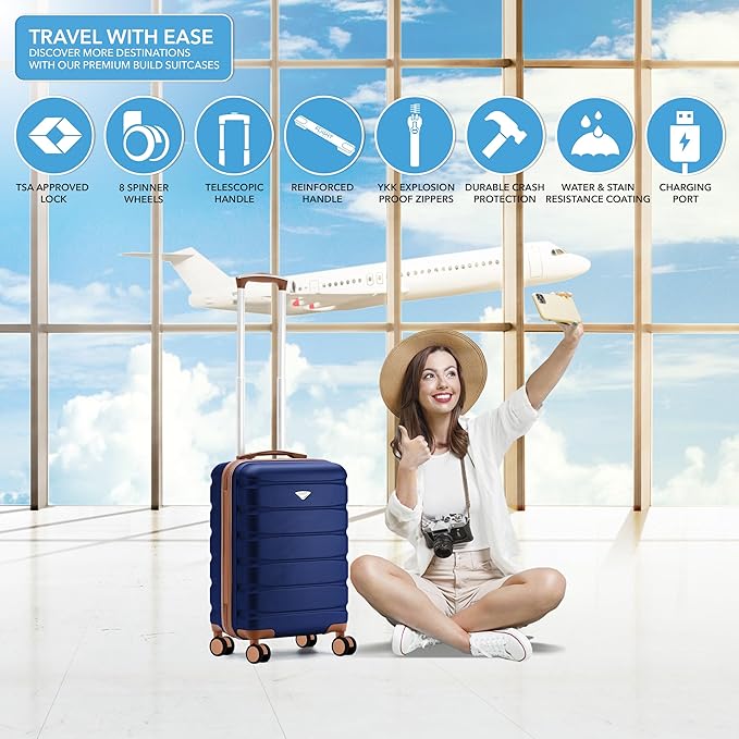 Flight Knight 22x14x9" Expandable Carry On Suitcase Hardside TSA Lock USB C Port Lightweight Luggage Silent Double Spinner Wheels Maximum Overhead Carry-On Bag For American & United Approved Airlines