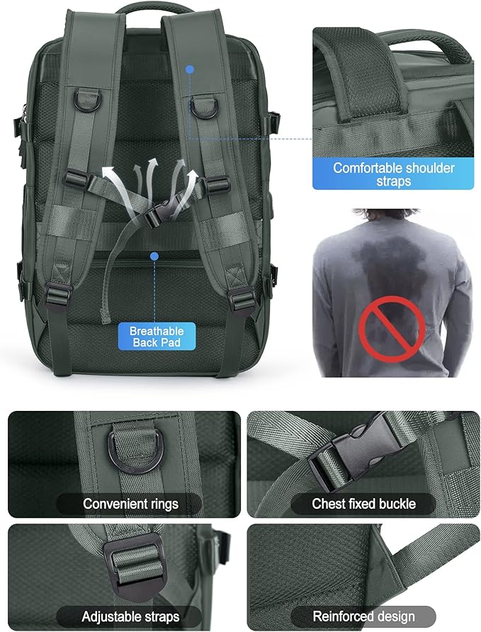 VGCUB Large Travel Backpack Bag for Women Men,Carry on Backpack,17 Inch Laptop Business Work Waterproof Backpack with Laptop Compartment,Person Item Flight Approved,Mochila de Viaje,Green Expandable
