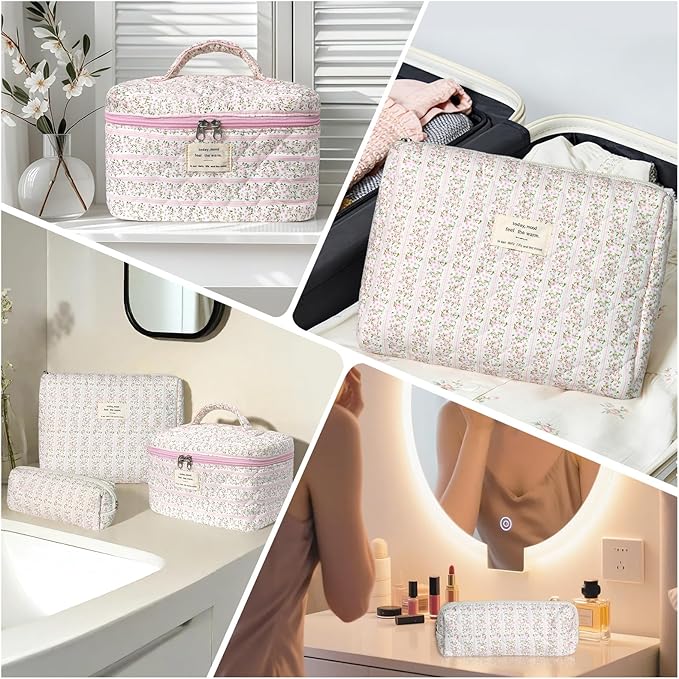 Makeup Bag Set, Portable Travel Make up Bag, Large Capacity Quilted Cosmetic Organizer Bag, Cute Floral Toiletry Bag for Women Girls (Pink Flower)