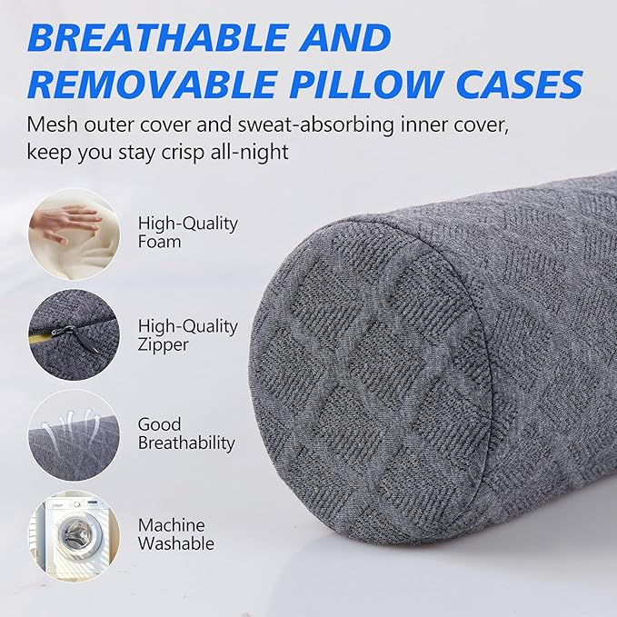 Cozyhealth Cervical Roll Pillow, Medium Soft Memory Foam Neck Round Pillow Cylinder Bolster Pillow for Sleeping, Round Neck Support for Bed, Legs, Back and Yoga (Grey, Medium - 3.9" H)