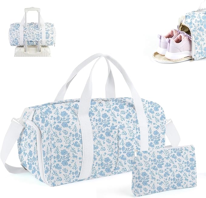 2PCS Cute Gym Bag for Girls, Corduroy Duffle Bag with Wet Pocket & Shoe Compartment and item bag, Duffle Bag for Travel, Sports, Fitness & Workout