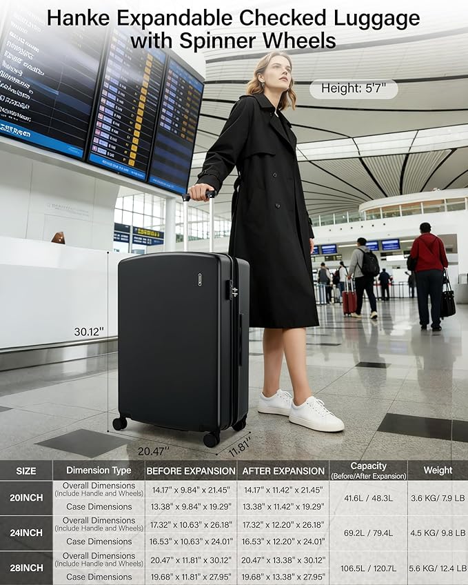 Hanke Expandable Hard Shell Luggage Sets 3 Pieces, 20/24 / 28 Inch Luggage Sets with Spinner Wheels, Durable PC Hardside Rolling Suitcase with TSA Lock for Travel (20/24/28 Inch, Jet Black)