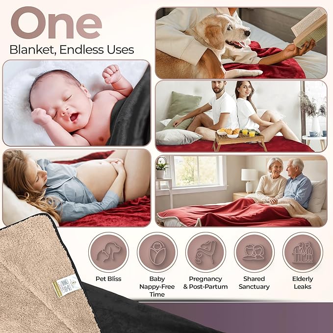 Sacred Weapon Waterproof Blanket for Bed – Dual Sherpa & Fleece Throw - Water Proof Blanket for Couch Absorbent Washable & Leak Proof – Soft & Premium Waterproof Comforter – Dark Red- 80'x50'