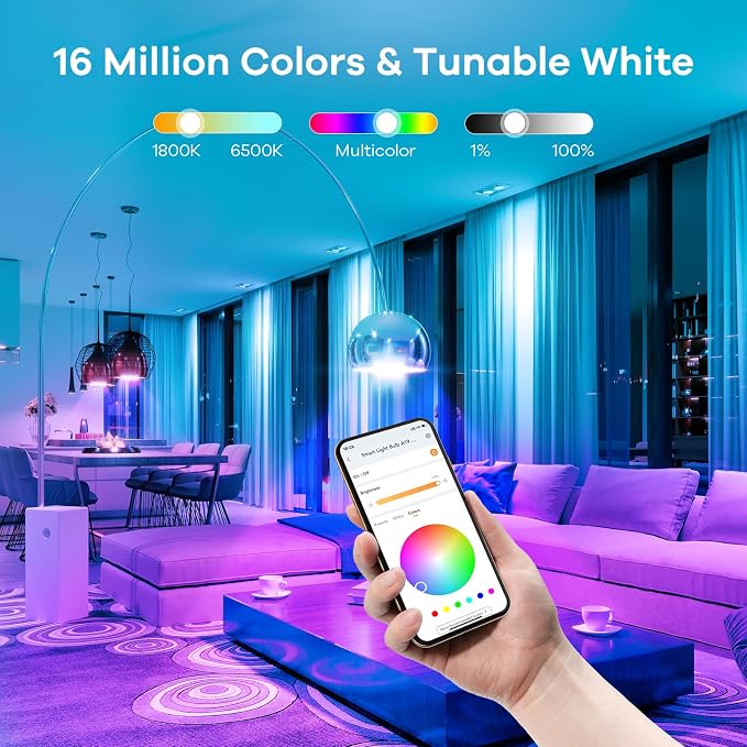 Linkind Smart Light Bulbs, Work with Alexa, Google Home, AiDot | Led Color Changing Light Bulb RGBTW, 2.4G WiFi+Bluetooth, 104 Preset Scene, Music Sync, DIY, Dotis, A19 E26, 60W 800LM, 1Pack