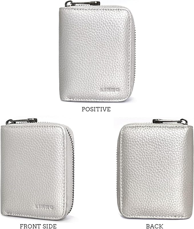 Linno RFID 20 Slots Credit Card Holder Genuine Leather Small Wallet for Women or Men with Zipper