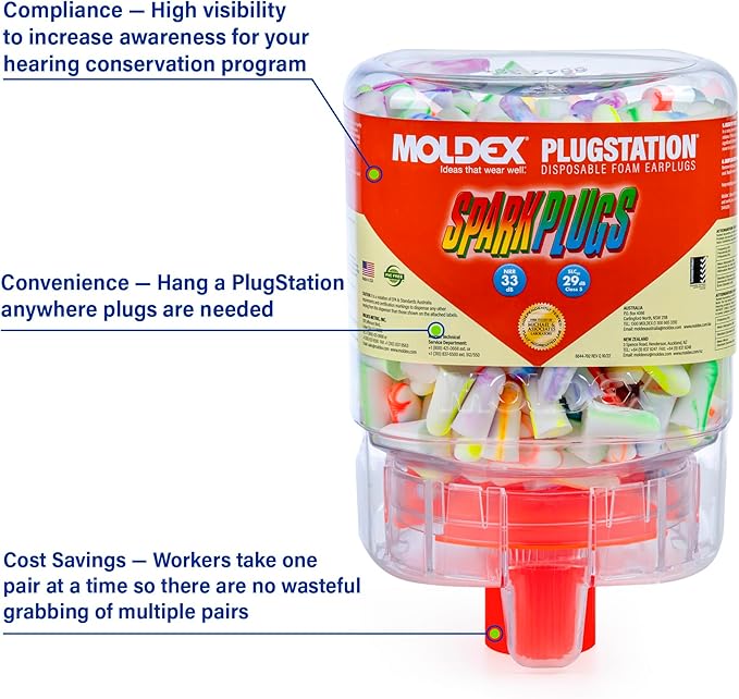 Moldex SparkPlugs PlugStation Uncorded Earplug Dispenser – 250 Pairs Soft Foam Disposable Ear Plugs, Wall Mount Bulk PPE Hearing Protection Station, NRR 33dB Noise Reduction, 6644