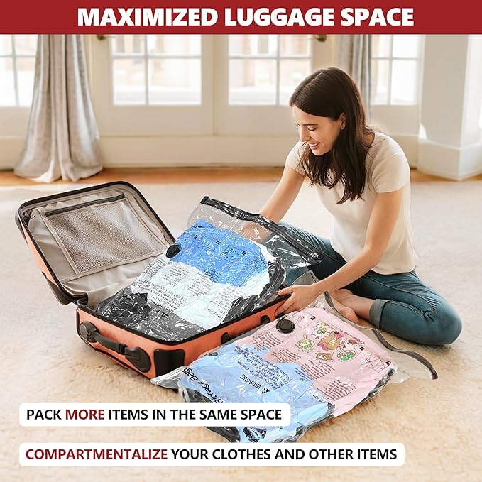 Vacuum Bags for Travel with Rechargeable Pump, 10 Medium Compression Packing Seal Bags for Luggage Suitcase, Space Saver for Clothing and Clothes Storage Travel