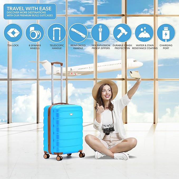 Flight Knight 24x16x10 Expandable Carry On Suitcase Hardside TSA Lock USB C Lightweight Luggage Silent Double Spinner Wheels Maximum Overhead Carry-On Bag Virgin South West Approved Turquoise/Tan