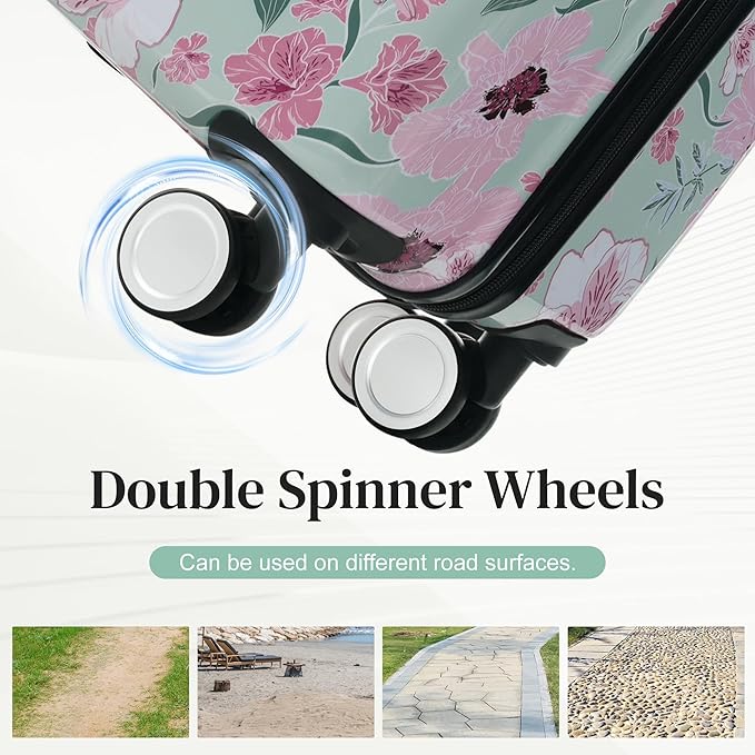 Merax 5 Piece Luggage Set with Spinner Wheels, Lightweight Printing Suitcase Set 8/14/20/24/28 inches, Durable Carry on Luggage with Handbag and Cosmetic Case Suitable all Ages,Green Pink Flower