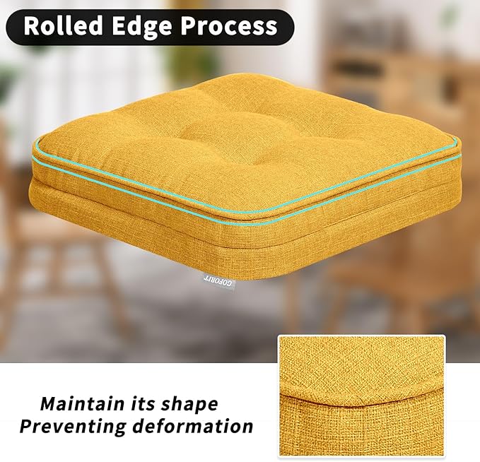 GOFORIT Memory Foam Cushion，Square Seat Cushions for Dining Chairs,Non-Slip Chair Pads with Removable Cover, 16'' x 16'', 2 Pack,Yellow