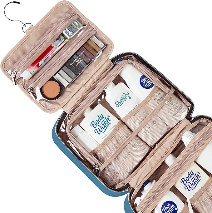 NISHEL Travel Toiletry Bag for women, Portable Hanging Organizer for Full-Sized Shampoo, Conditioner, Brushes Set, Makeup Accessories, Large Size, Lake-Blue