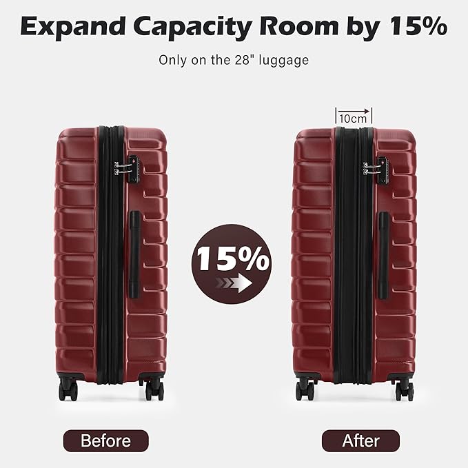 Coolife Luggage Sets, 3 Piece Hard Shell Suitcase Set with Spinner Wheels, Expandable Large Checked Luggage, Lightweight Rolling Carry On with TSA Lock Wine Red