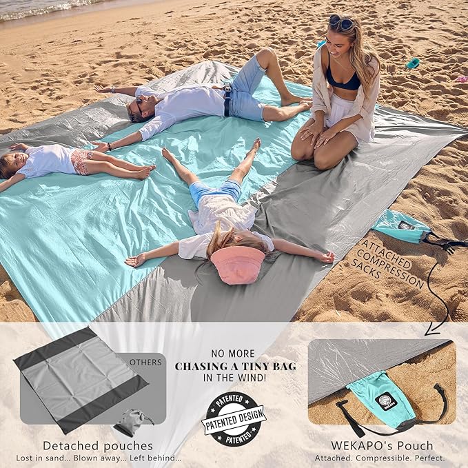 WEKAPO Beach Blanket Sandproof Waterproof, Extra Large Beach Mat, Oversized & Compact Sand Free, Quick Drying Beach Essentials for Vacation, Cruise, Picnic & Camping with Stakes