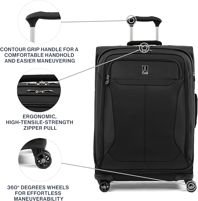 Travelpro Tourlite Softside 25" Expandable Luggage with 4 Spinner Wheels, Lightweight Suitcase, Checked Medium, Black