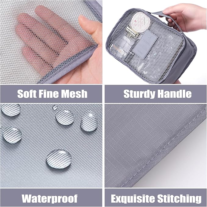 6 Set Packing Cubes for Travel Luggage Packing Bags Reusable Waterproof Suitcase Organizer Bags Set with Shoe Bag and Toiletry Bag (Grey)