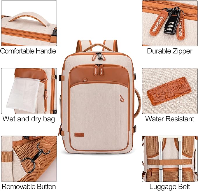 Lumesner Carry on Travel Backpacks, Extra Large 40L Flight Approved Bag for Men & Women,Expandable Suitcase Backpack With 4 Packing Cubes,Water Resistant Luggage Daypack Business Weekender Bag, Beige