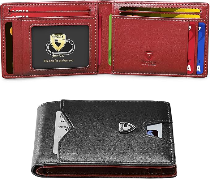 GSOIAX Slim Wallet for Men Rfid Blocking Leather Bifold Front Pocket Carbon Fiber Credit Card Holder Novelty Wallets With Gift Box (Black and Red)