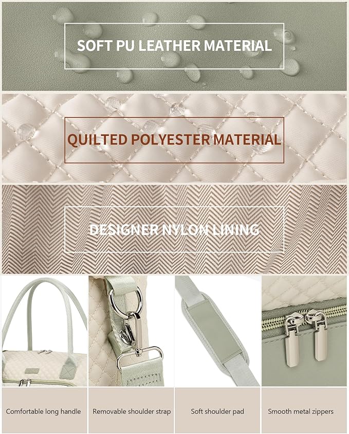 Weekender Bags for Women, Travel Duffle Bag Carry On Overnight Bag with Cosmetics Bag and Crossbody Purse for Gym Hospital, Gifts for Women, Beige Green